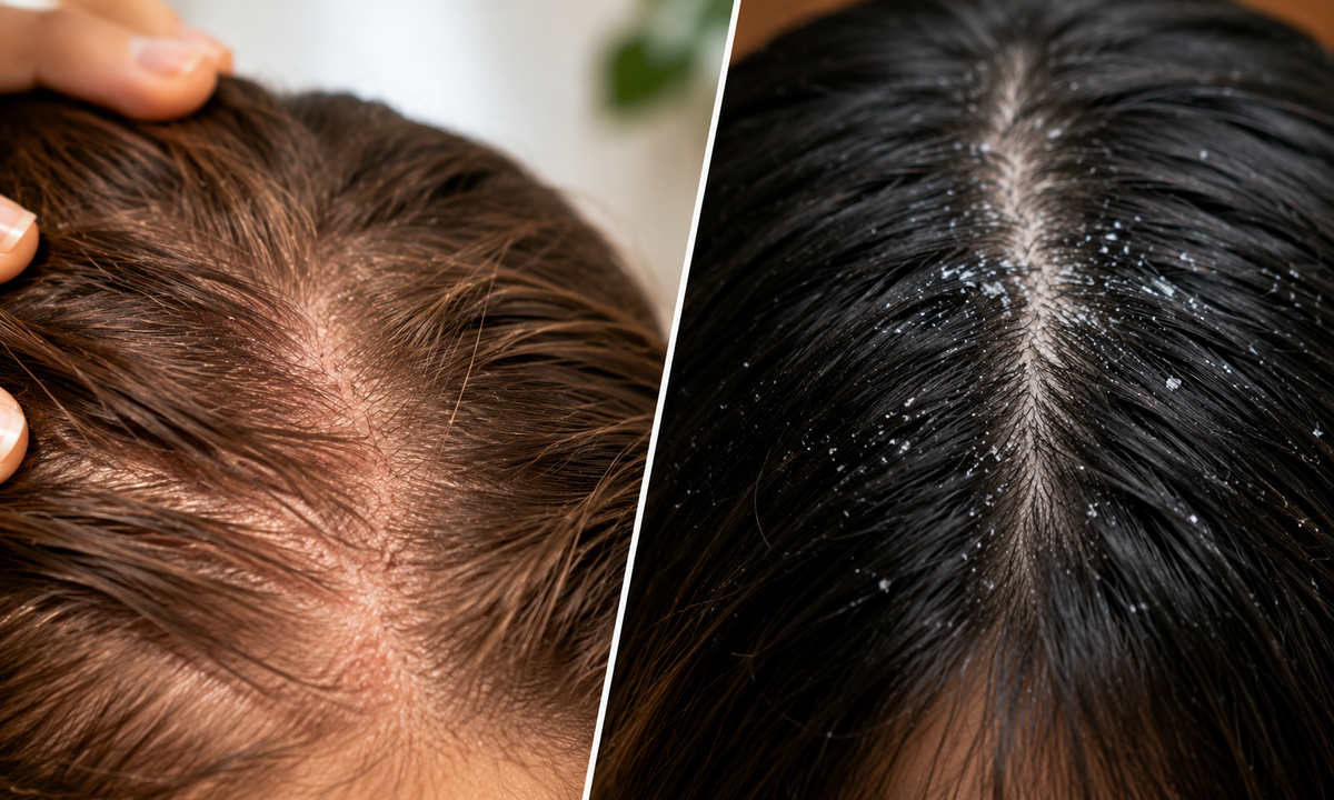 Dry scalp and dandruff comparison showing different scalp conditions and visible flakes