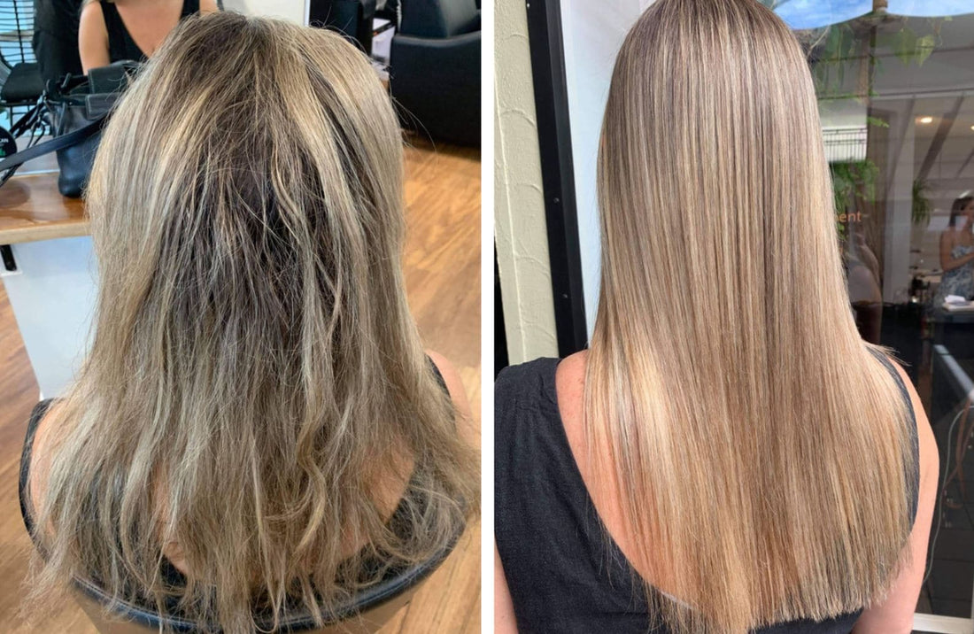 Keratin treatment and hair coloring shown together to illustrate the best timing for smooth, vibrant hair results