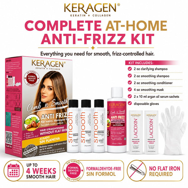 KERAGEN Smoothing Hair Treatment Kit – Frizz Control for Frizzy Hair | At-Home Use, No Flat Iron Required