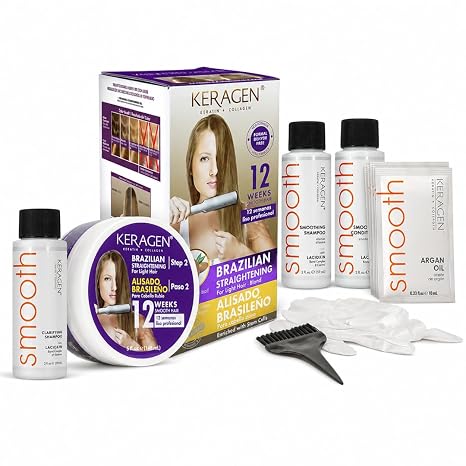 Keragen hair straightening product set with bottles, a box, and a comb on a white background
