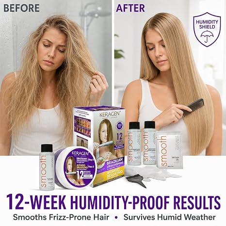KERAGEN At-Home Hair Straightening Kit for Blonde Hair – Formaldehyde-Free Smoothing Treatment for Frizz-Prone Hair | 12-Week Humidity-Proof Results | Fine, Medium & Coarse Hair Types | Organic Ingredients